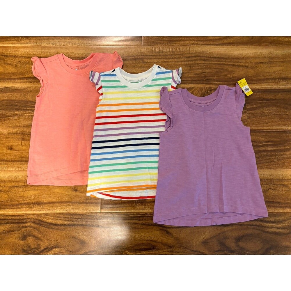 Three Primary Flutter Sleeve Tops, Lavender, Guava & Rainbow Stripe, Size 3T